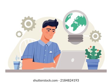 Environment idea concept. Man at laptop looking for ways to take care of nature, reduce production of harmful substances. Volunteer or activist, eco friendly person. Cartoon flat vector illustration
