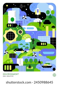 Environment and industry. Positive and negative impact of humankind to the nature. Pollution and symbiotic technologies. Modern flat illustration, poster. Vector file.