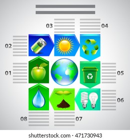 Environment inforgaphics. Ecology objects in arrows around earth globe, vector template