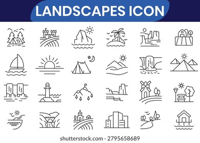 Environment landscapes  icon vector set. Nature line icon, hiking, adventure, forest, sea, sunset, mountain, travel, road, lake, view, waterfall, sunrise and more. Vector illustration. 