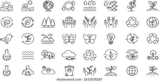  Environment Line Editable Icons set. Vector illustration in modern thin line style of nature related icons: plants, insects, animals, sustainable future, recycling, green energy, and more. 