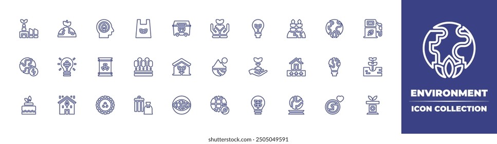 Environment line icon collection. Editable stroke. Vector illustration. Containing vision, ecohouse, ecopackaging, cake, forest, barrel, planetearth, sustainable, trashbin.