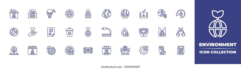 Environment line icon collection. Editable stroke. Vector illustration. Containing plant, ecology, ecohouse, recyclebin, eco, world, startup, greeninnovation, badge, paper.