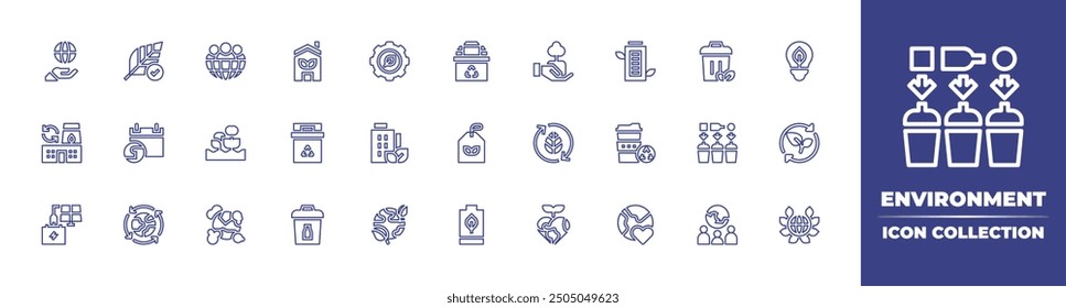 Environment line icon collection. Editable stroke. Vector illustration. Containing circulareconomy, worldenvironmentday, greenfactory, solarpanel, pollution, farming, glass, bin.