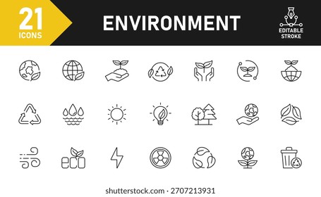 Environment line icon set. Set of 21 outline icons related to environment, eco, nature, green, energy, net zero, earth, recycling and others. Editable stroke. Vector illustration.