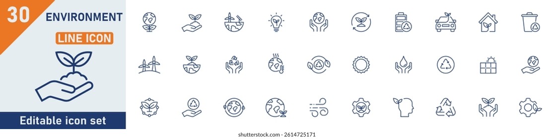 Environment line icon set. Set of 30 outline icons related to nature, eco, recycling, ecology, environment, energy, green energy, earth, net zero and others. Editable stroke. Vector illustration.