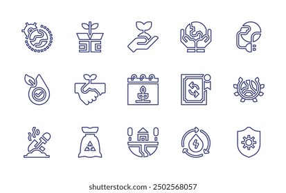 Environment line icon set. Editable stroke. Vector illustration. Containing savetheplanet, hydropower, earthday, world, uvprotectivefabric, recyclable.