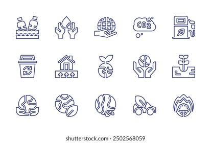 Environment line icon set. Editable stroke. Vector illustration. Containing worldwide, ecology, planetearth, earth, planet, geothermalenergy, wasteplastic, savewater, bin.