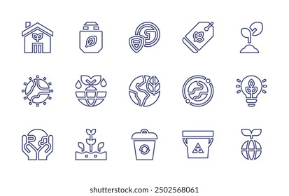 Conjunto de iconos de línea de entorno. Trazo editable. Ilustración vectorial. Contiene sustentable, ecohouse, ecobag, protección, mundo, ecológico, tierra, tag.