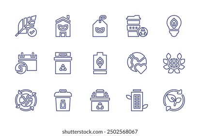 Environment line icon set. Editable stroke. Vector illustration. Containing love, worldenvironmentday, hypoallergenic, ecobattery, reusable, bin, ecohome, ecotag.