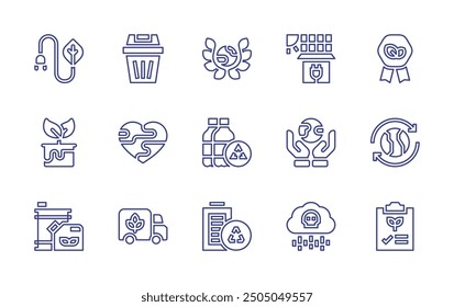 Symbolsatz für Umgebungszeile. Bearbeitbarer Strich. Vektorgrafik. Enthaltend Ökoenergie, Liebe, Erde, Farbstoff, Plastikflasche, Ecofuel, Verteilung, Batterie, Mülleimer.