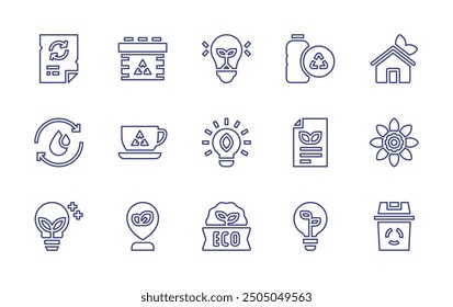Environment line icon set. Editable stroke. Vector illustration. Containing lightbulb, bulb, water, eco, greeninnovation, reusable, recycling, greencity, paper.