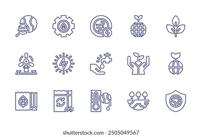 Environment line icon set. Editable stroke. Vector illustration. Containing ecology, environmentprotection, waterscarcity, greenearth, plant, recyclebag, renewableenergy, globalwarming.
