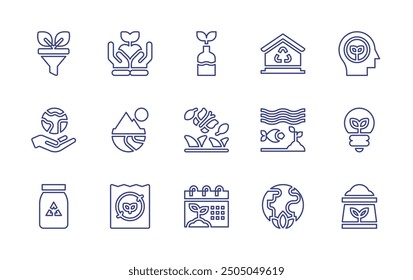 Environment line icon set. Editable stroke. Vector illustration. Containing environment, worldenvironmentday, mountain, glass, recyclable, filter, earth, plant.