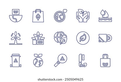 Environment line icon set. Editable stroke. Vector illustration. Containing ecopackaging, environmentprotection, environment, eco, windpower, ecobag, oil, package.