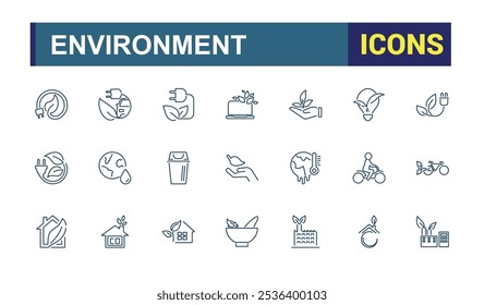 Environment line web icon set. Includes thin line plant, ecology, planet, recycling, natural, renewable and more. Perfect for logos and infographics. Editable vector stroke.