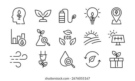 Environment linear icon set. Nature, ecology, sustainability, earth, green energy, recycling, conservation, climate, plants, pollution, vector outline icon set. UI thin line icon pack
