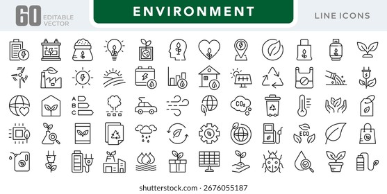 Environment linear icon set. Nature, ecology, sustainability, earth, green energy, recycling, conservation, climate, plants, pollution, vector outline icon set. UI thin line icon pack
