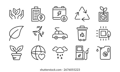 Conjunto de iconos lineales de entorno. Naturaleza, ecología, sostenibilidad, tierra, energía verde, reciclaje, conservación, clima, plantas, contaminación, conjunto de iconos de contorno de Vector. Paquete de iconos de línea delgada de interfaz de usuario
