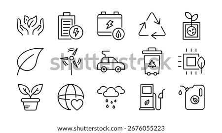 Environment linear icon set. Nature, ecology, sustainability, earth, green energy, recycling, conservation, climate, plants, pollution, vector outline icon set. UI thin line icon pack
