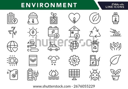 Environment linear icon set. Nature, ecology, sustainability, earth, green energy, recycling, conservation, climate, plants, pollution, vector outline icon set. UI thin line icon pack
