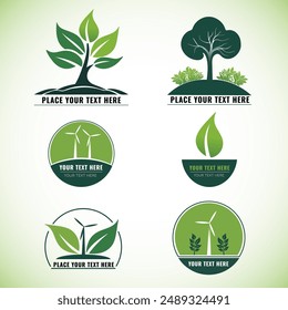 Environment Logo Templates. Set of logos for ecology events and companies. Stickers for sustainable industry, clean energy, green energy, greenhouse gas, climate change.