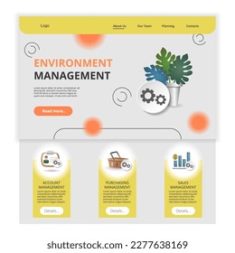 Environment management flat landing page website template. Account management, purchasing management, sales management. Web banner with header, content and footer. Vector illustration.