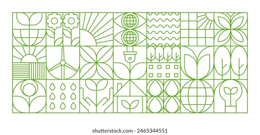 Environment modern geometric pattern. Vector linear grid background with environmental and nature-inspired symbols. Flowers, globe, solar energy and leaves in a vibrant green outline on white backdrop