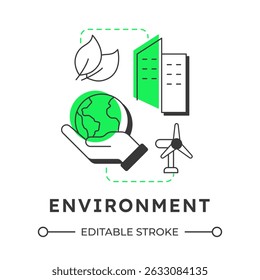 Environment modern linear concept icon. Ecology preservation, green energy. Eco friendly, responsibility. Flat outline elements connected with dotted lines. Creative visual. Easy to edit