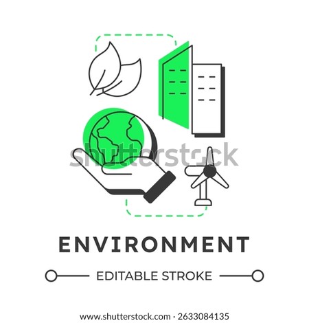 Environment modern linear concept icon. Ecology preservation, green energy. Eco friendly, responsibility. Flat outline elements connected with dotted lines. Creative visual. Easy to edit