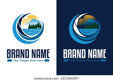 Environment, mountains, river, forest, Nature, plant, trees, and water landscape illustration logo design