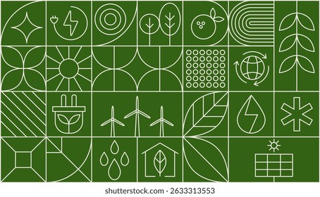 Environment nature abstract modern geometric pattern. Vector green eco-friendly grid ornament with environmental sustainability icons. Plants, trees, water droplets, recycling symbols, leaves, globe.