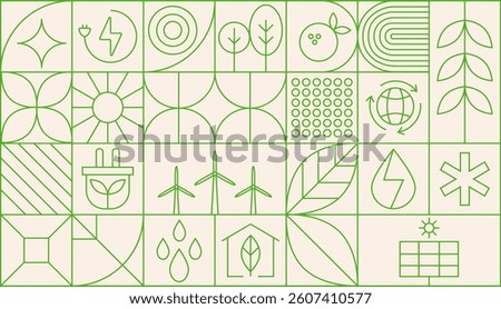Environment nature abstract modern geometric pattern. Vector green eco-friendly grid ornament with environmental sustainability icons. Plants, trees, water droplets, recycling symbols, leaves, globe.
