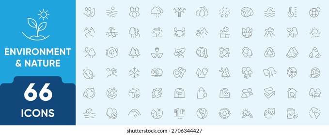 Conjunto de iconos de línea de entorno y Naturaleza. Los iconos editables incluyen global, globo terráqueo, señales, calentamiento, líneas, tierra y renovables. Perfecto para proyectos verdes, educación y campañas ambientales.