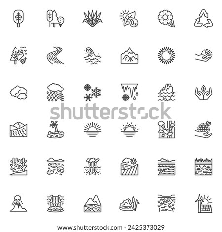 Environment and nature line icons set. linear style symbols collection, outline signs pack. Ecology vector graphics. Set includes icons as mountain landscape, forest, river, ocean, wetland, waterfall