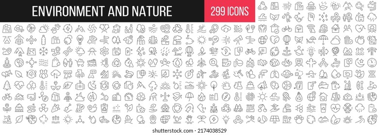 Colección de iconos lineales de entorno y naturaleza. Gran conjunto de 299 íconos de línea delgada en negro. Ilustración del vector