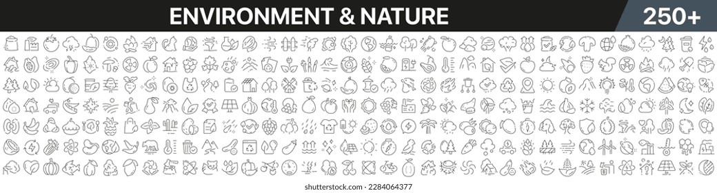 Environment and nature linear icons collection. Big set of more 250 thin line icons in black. Environment and nature black icons. Vector illustration