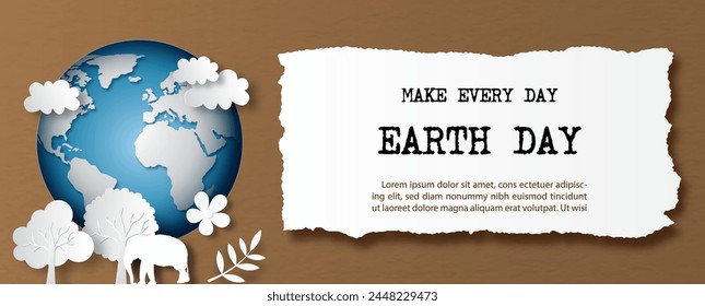 Environment of nature in paper cut style on global with the Earth day slogan on Torn paper and brown (recycle paper pattern) background. Poster campaign of Earth day in banner vector design.
