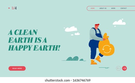 Environment Nature Pollution, Global Warming, Recycling Technology Website Landing Page. Man Carry Garbage Bag with Recycle Sign, Ecology Protection Web Page Banner. Cartoon Flat Vector Illustration