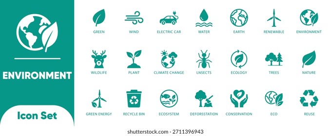 Environment and nature vectors. Features recycle, electric car, wind turbine, and earth symbols. Ideal for green energy, sustainability, and eco marketing.