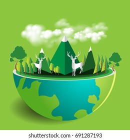 Environment on Earth Eco Friendly Nature and City Illustration Concept Design in Paper Art style Vector for Globe Protection