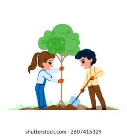 environment planting tree kid  vector.  green outdoor, activity fun, learning soil environment planting tree kid character. people flat cartoon illustration