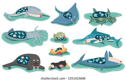 Environment plastics pollution concept effect marine animal life died, bill fish, manta ray, narwhal, penguin, puffer fish, sea turtle, seahorse, shark, squid, walrus. cartoon flat vector illustration