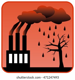 Environment Polluting Factory with three chimneys generating toxic air pollution and Acid Rain. Vector illustration