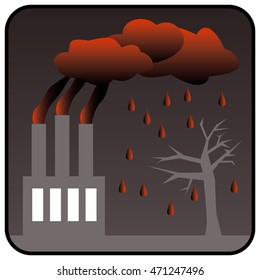 Fábrica de Contaminación Ambiental con tres chimeneas que generan contaminación tóxica del aire y lluvia ácida. Ilustración del vector