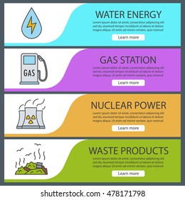 Environment pollution banner templates set. Easy to edit. Water energy, gas station, nuclear power plant, rubbish dump. Website menu items. Color web banner. Vector headers design concepts