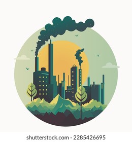 Environment Pollution By Industry On Sun Nature Landscape Background In Circle Shape.