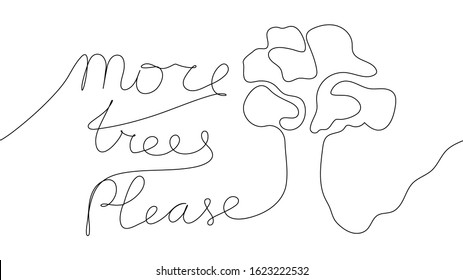 Environment pollution concept. Continuous line drawing text and tree. More trees please. Vector illustration