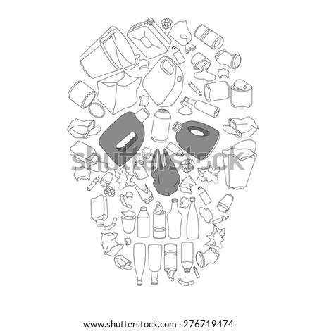 Environment pollution concept picture. Cotour black-and-white skull made of garbage isolated on white
