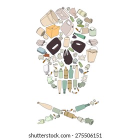 Imagen del concepto de contaminación ambiental. Calavera hecha de basura aislada en blanco